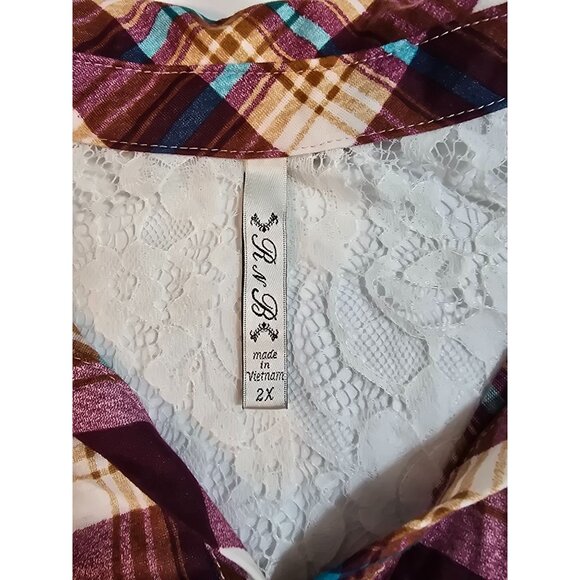 Womens Plus Size Plaid Button-Up Shirt Lace Back Size 2X Pockets - Picture 5 of 15